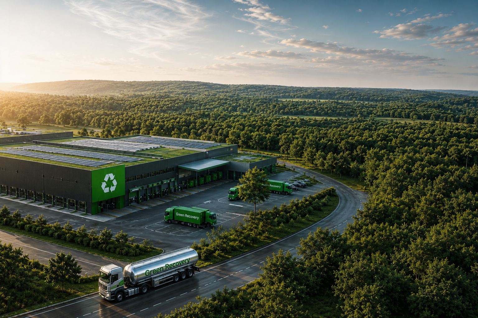 Facilitate modernă de reciclare Green Recovery înconjurată de natură
