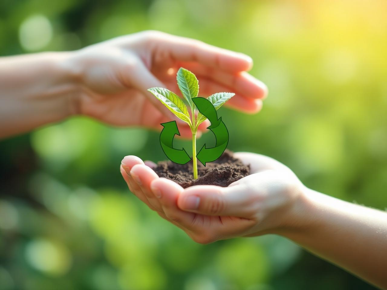 Mâini protejând un mlădiț verde, simbol al economiei circulare
